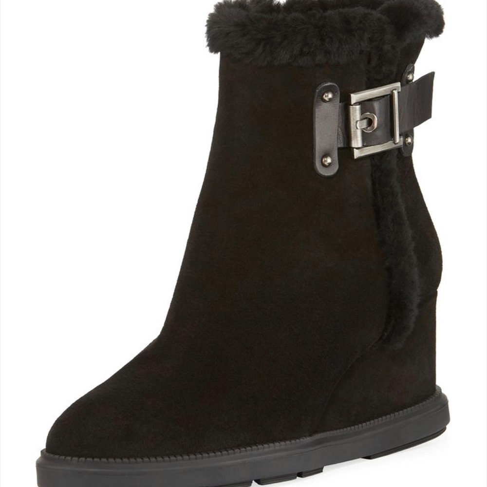Aquatalia Caitlyn Suede/Shearling/Calf Hair Black Wedge Bootie